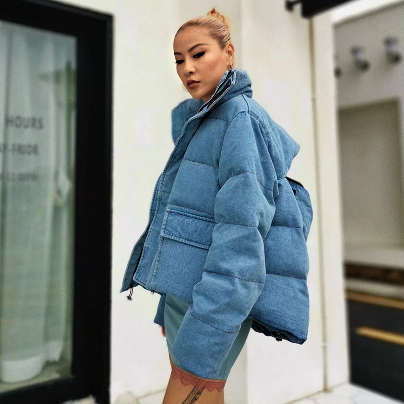 TWOTWINSTYLE повседневное синее открытое хлопковое пальто для женщин воротник с лацканами длинный рукав теплые толстые осенние парки Женская мода
