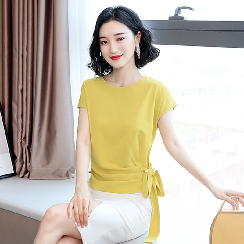 

Elegant Office Women's Blouse 2021 Summer Slim Plus Size Top Short Sleeve Pure Color Loose Bow Casual Shirt Ladies Top