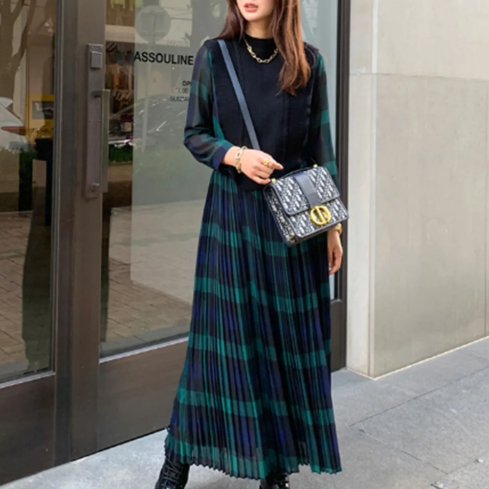 Женское длинное платье в клетку Корейском стиле Плиссированное Платье макси с