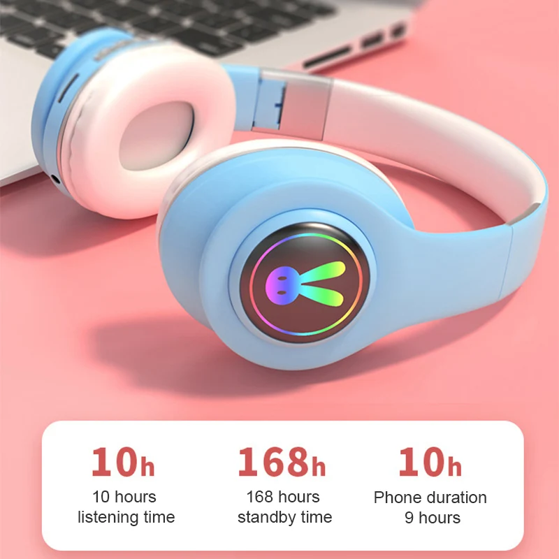 Складные детские наушники Bluetooth 5 0 с животными и микрофоном беспроводные розовые