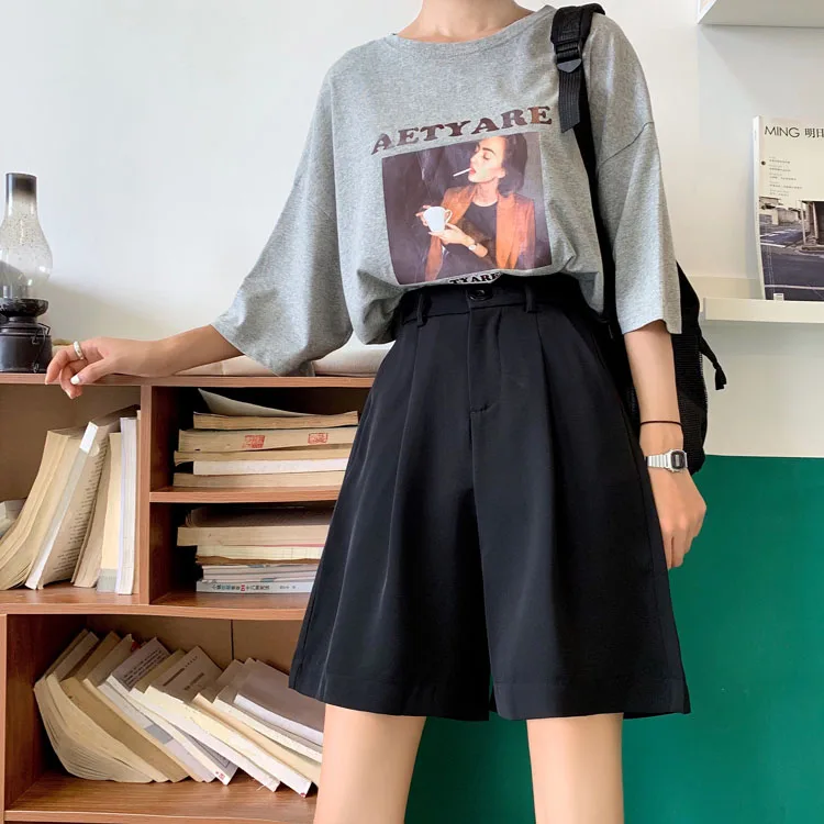 Women Suit Elegant Shorts Summer Streetwear Half Long Shorts High Waist Wide Leg Office Lady Chic Shorts Feminino Short Pants