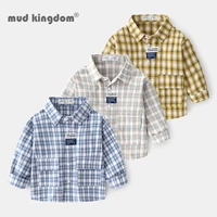 mudkingdom boys long sleeve shirts plaid pockets print labeling turn down collar drop shoulder tops for toddler casual clothing