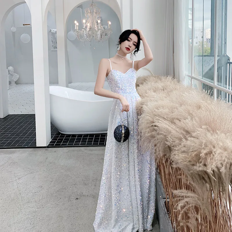 

Robe de soiree White Sling Shining Sequins Oriental Banquet Dress Chinese Traditional Wedding Cheongsam Elegant Evening Gowns