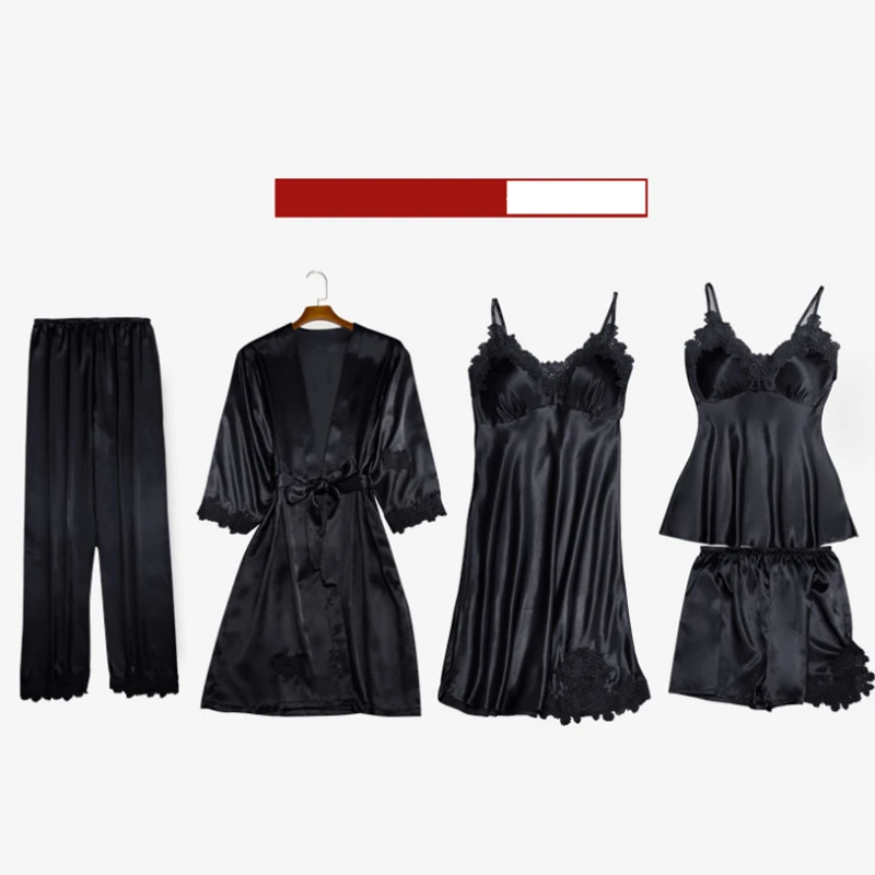 

Women Pajamas 5 Pieces Satin Sleepwear Pajama Faux Silk Home Wear Home Clothing Embroidery Sleep Lounge Pajama with Chest Pads