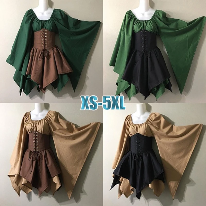 

Plus Size xxxxxl xxxxl xxxl 2019 New Medieval Costume Woodland Wood Elf Fairy Fantasy Waist Cincher Corset Set Dress