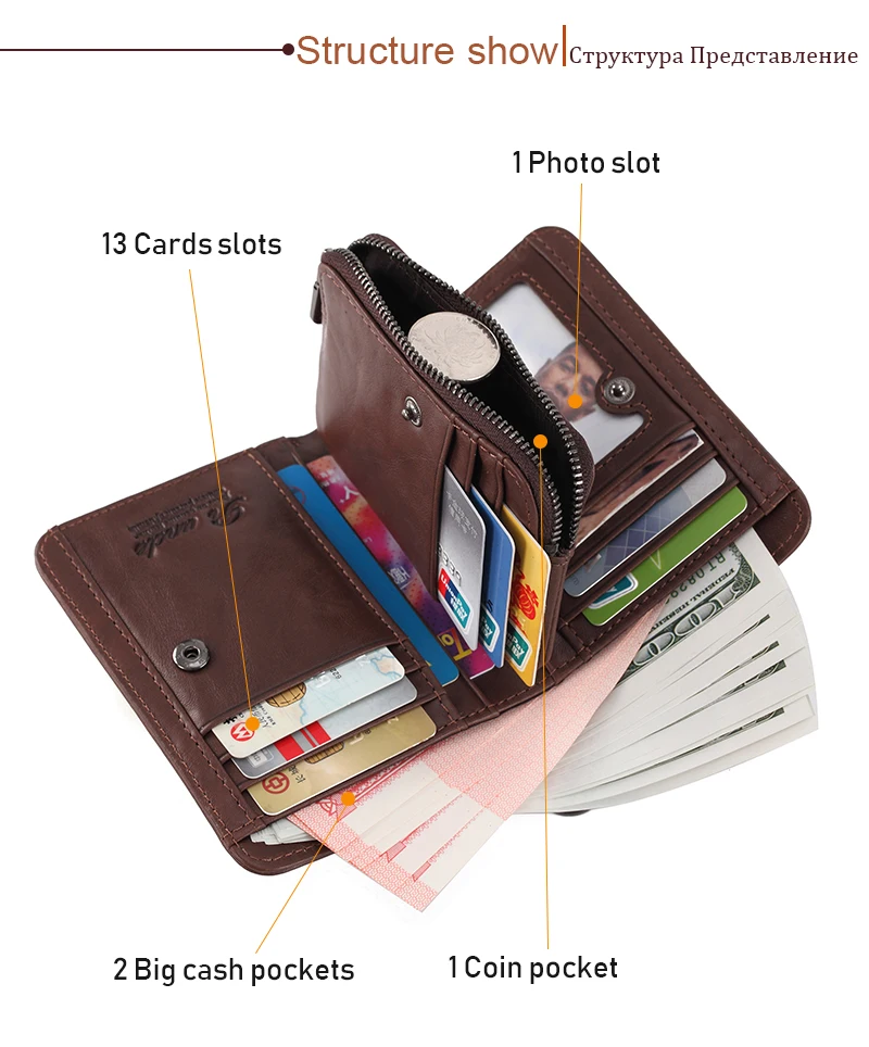 Мужской кошелек из натуральной кожи RFID, Мужской органайзер, карманы для монет, тонкий модный зажим на молнии, кошелек, держатель для карт, короткий кошелек из воловьей кожи, Новинка