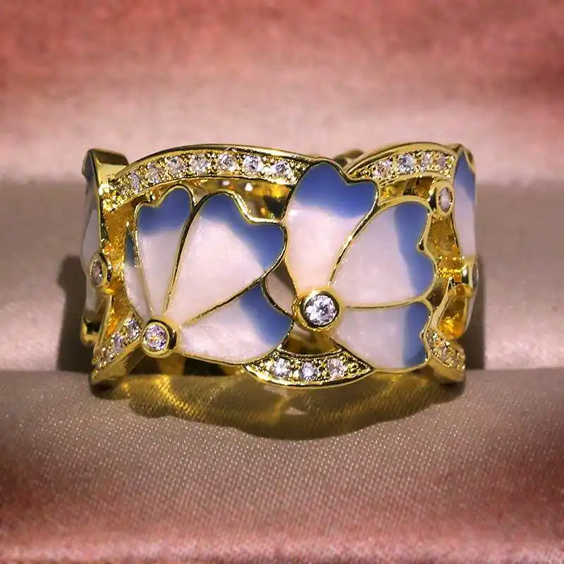 

Fashionable and Exquisite Lady Leaf Blue Enamel Hollow 925 Silver Ring Zircon Wedding Jewelry Ring Wedding Rings Gold