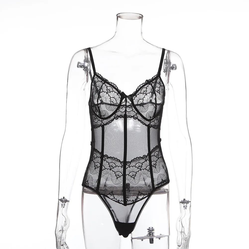 Комбинезон женский сетчатый OMSJ однотонный прозрачный в черную полоску летний 2019