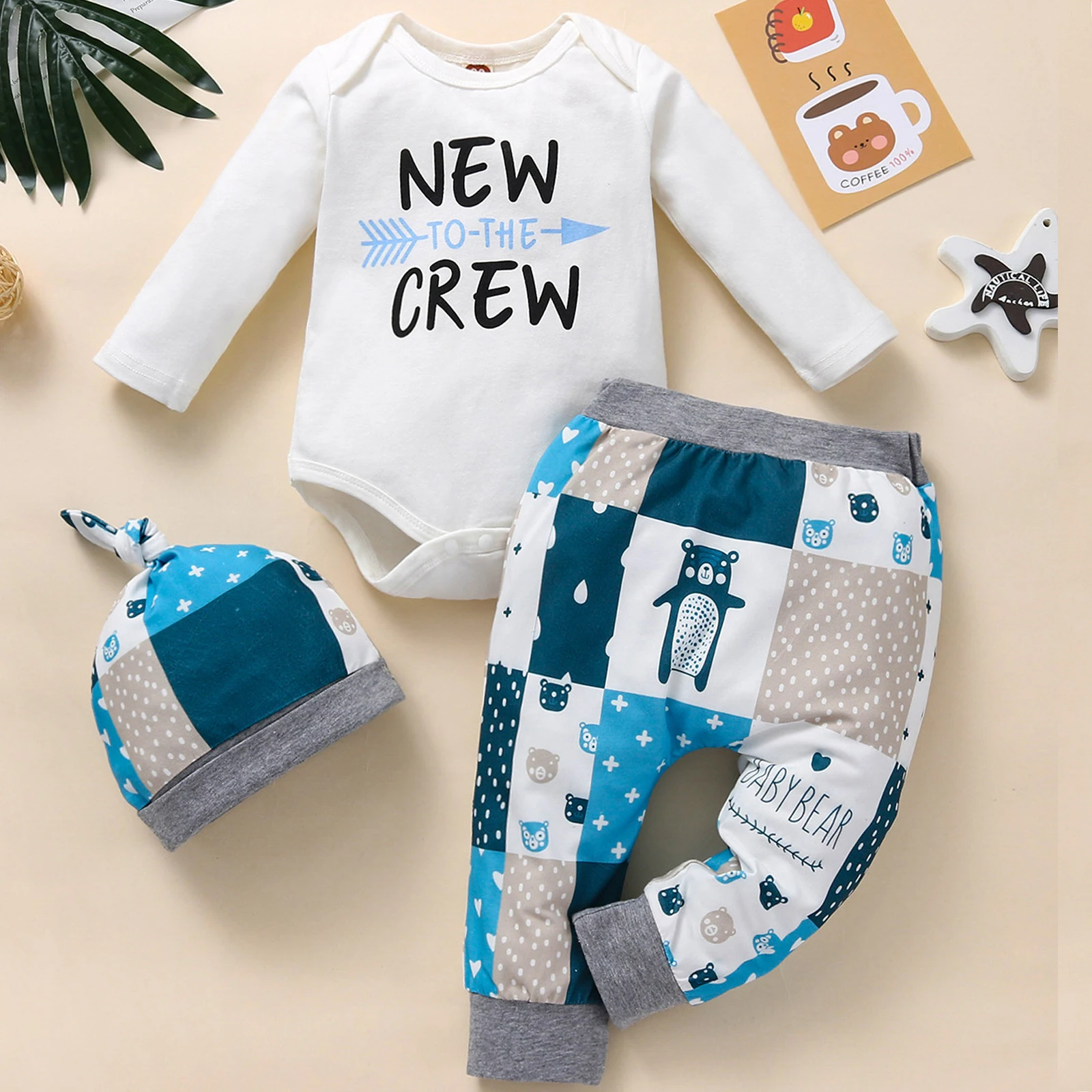 

Fall Winter Newborn Baby Boys Babysuit Romper Lounge Set Children's Long Sleeve Tops + Long Pants + Hat 3PCS Clothes Set