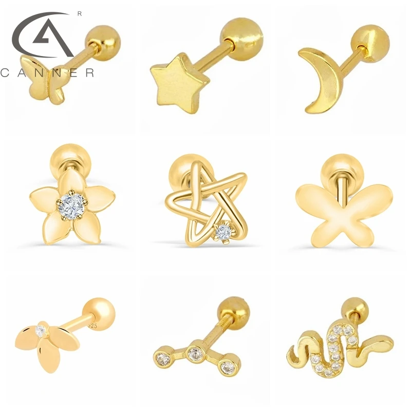 

CANNER Small Silver Piercing Earring for Women Butterfly Star Moon Flower Snake Stud Ear Ring Small Personal DIY Pendientes Suit