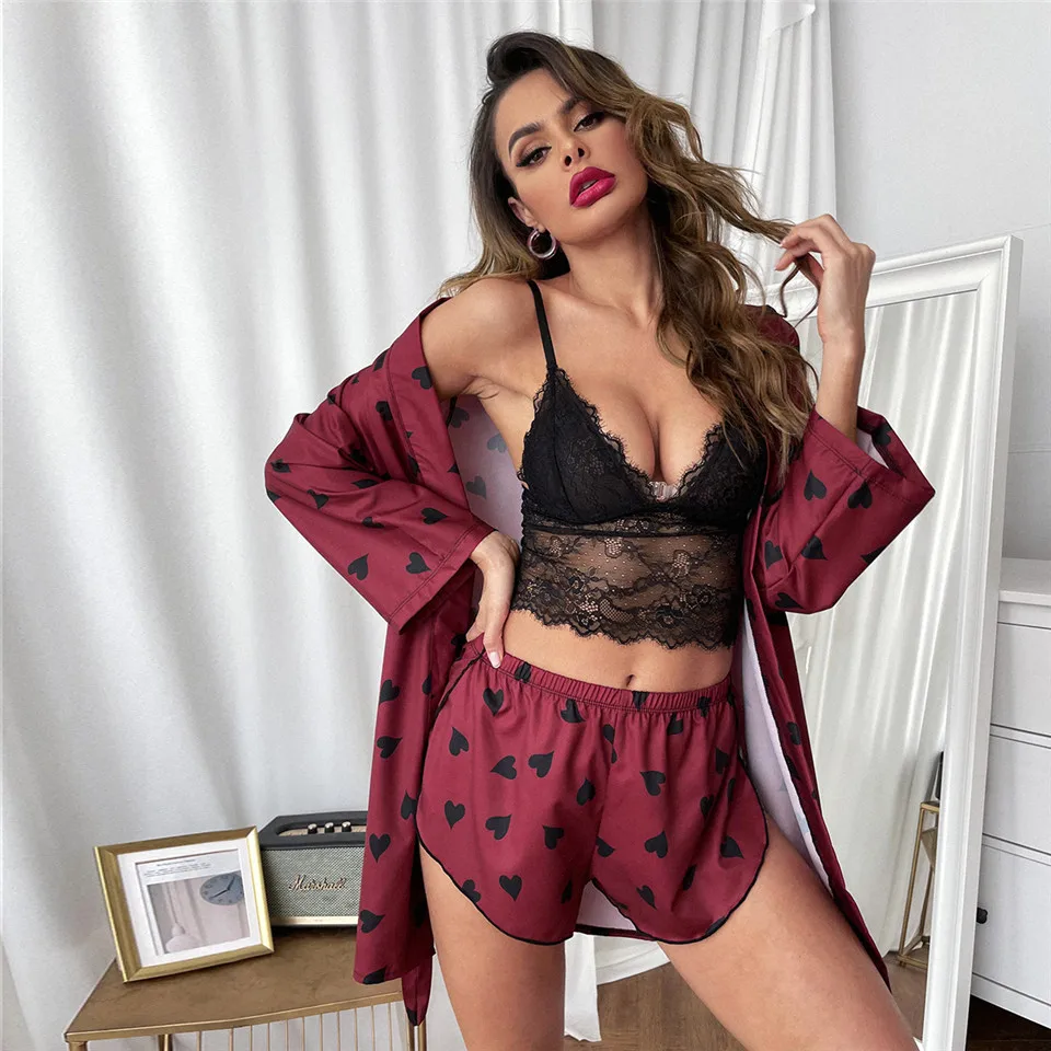 

Dot Print Cami Shorts With Robe 3 Pieces Night Set Sexy Nightwear Female Pajamas Ladies Sleepwear Lace Homewear