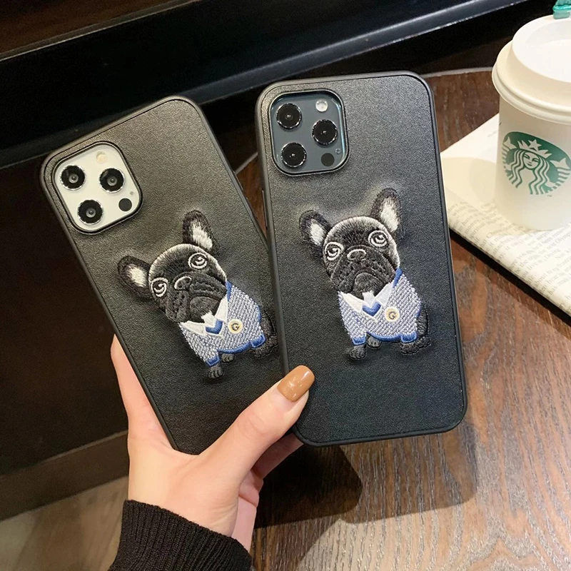 

Luxury Embroidery French Bulldog Hard Leather Phone Case for Apple Iphone 7 8 Plus 11 Pro X XS XR MAX 12 MiNi SE Lovely Cover
