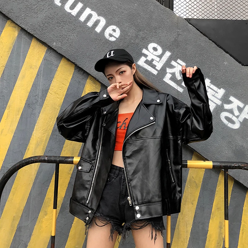 Женская байкерская куртка из искусственной кожи черная верхняя одежда большого