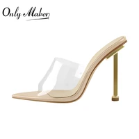 onlymaker 2021 summer women slip on pointed toe sandals metal stiletto high heel patent leather pvc fashion