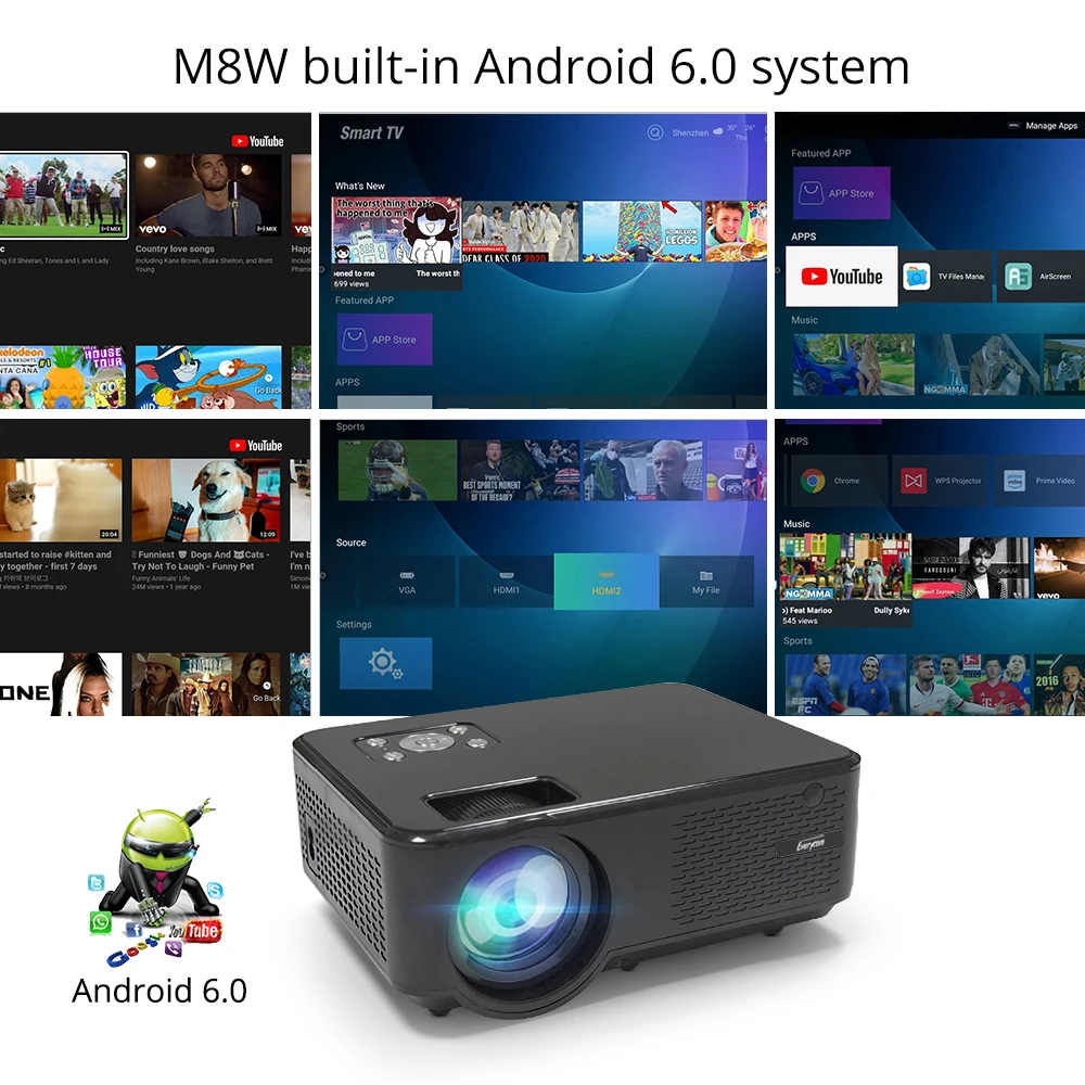 Мини проектор Everycom M8 с ЖК-экраном, поддержкой HD 720P и максимальным разрешением 1080P, Android 6.0, Wifi, Bluetooth, светодиодной лампой на 4000 люмен, домашний кинотеатр.