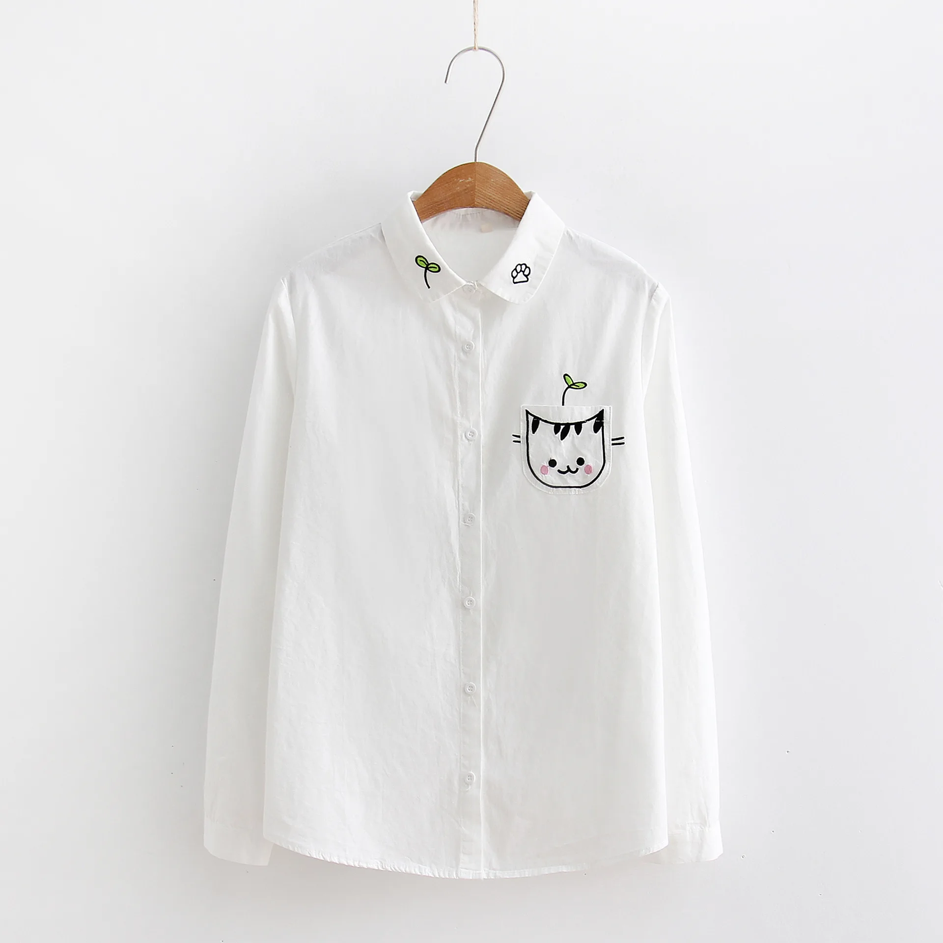 Женские блузки с длинным рукавом 100% algodão dos desenhos animados gato branco topos menina blusas