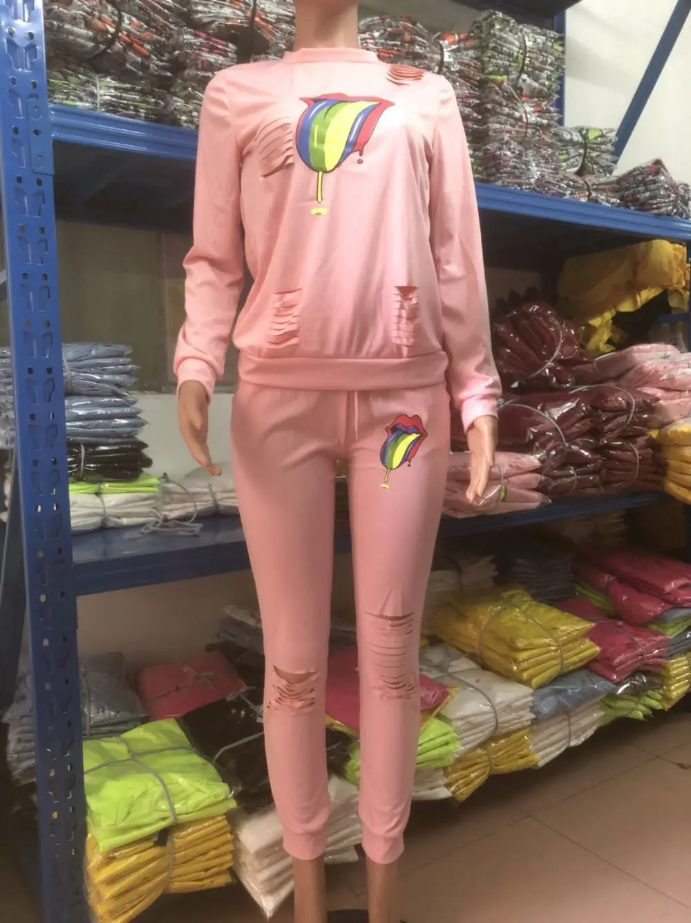Осенний женский комплект из 2 предметов, комплект одежды, розовый принт с большими губами, топы с длинными рукавами и штаны, женский костюм