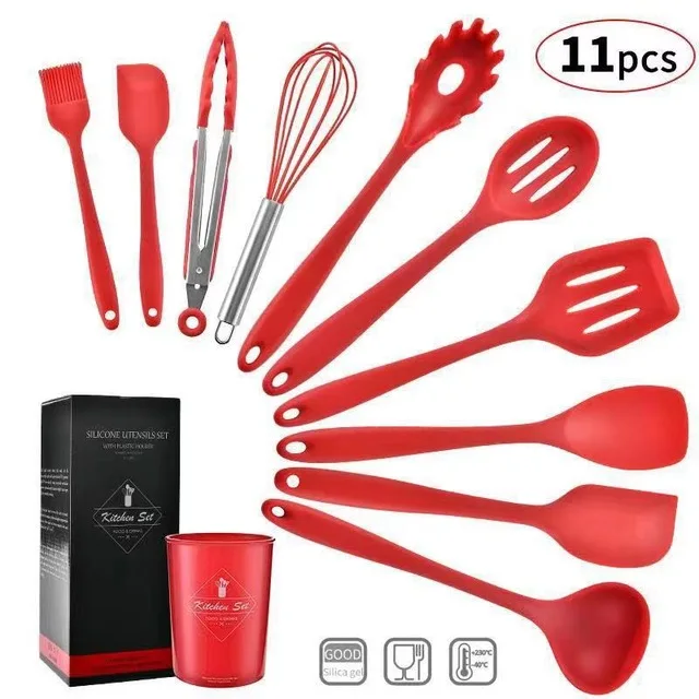 RED-10PCS 10/11 шт/силиконовый Кухонные принадлежности с антипригарным покрытием для Пособия по кулинарии Инструмент Ложка ковш яйцо венчики Лопата суп Кухня набор посуды - Цвет: RED-10PCS