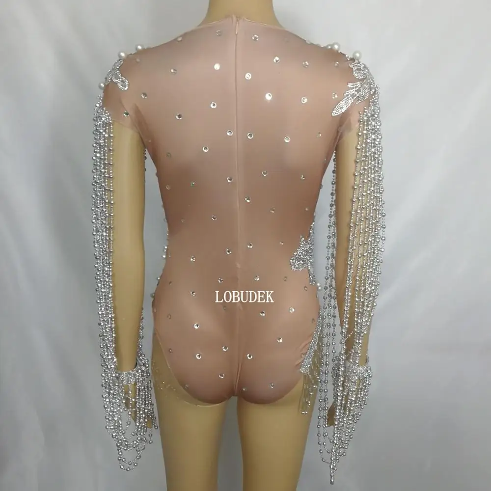 Silver Rhinestones Pearl Bodysuit Beading Sleeve Fashion Women Singer Dancer DJ Concert Stage Wear Birthday Party Dance Costume