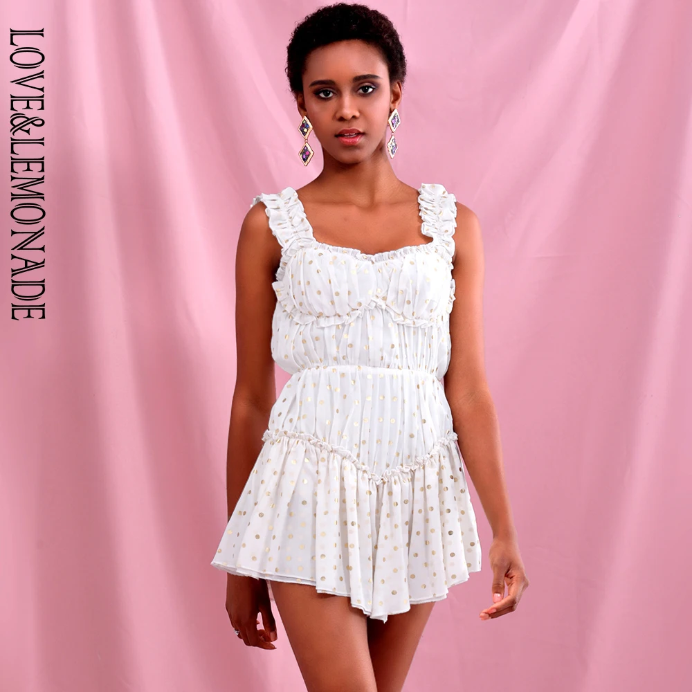 Женский шифоновый костюм LOVE & LEMONADE белый на бретельках с оборками в горошек и