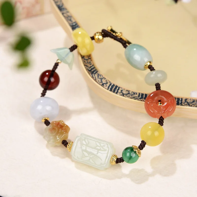 

S925 Sterling Silver Gold-plated Emerald/Hetian Jade/Amber Beeswax Vintage Sweet Bracelets For Women Gift Fine Jewelry J0066