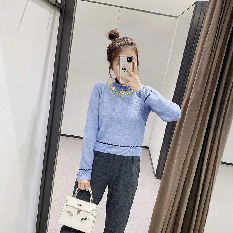 

Women's Retro Flower Embroidery Chic Knitting Fashion Round Neck Long Sleeve Casual Sun Flower Sweater Spring And Autumn New