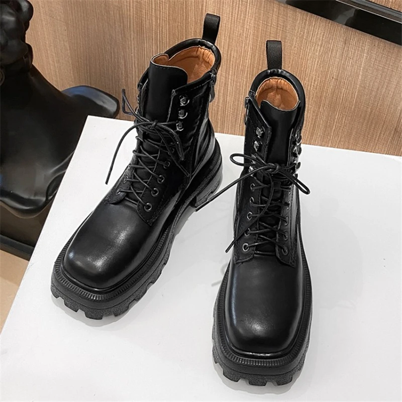 Beli Sepatu Motor Kulit Asli Platform Ritsleting Wanita Sepatu Bot Musim Dingin Hak Tinggi Kotak Simpul Silang Wanita Ukuran Besar 41