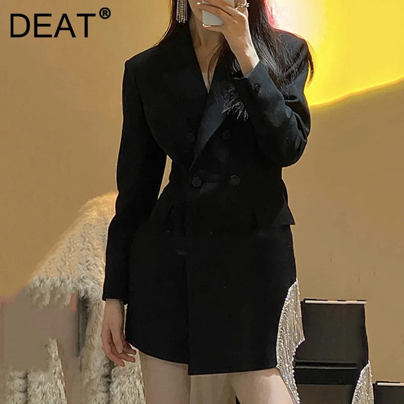 

Женский костюм с отложным воротником DEAT, асимметричный осенний пиджак составного кроя с длинными рукавами и кисточками со стразами, 7E901, 2021