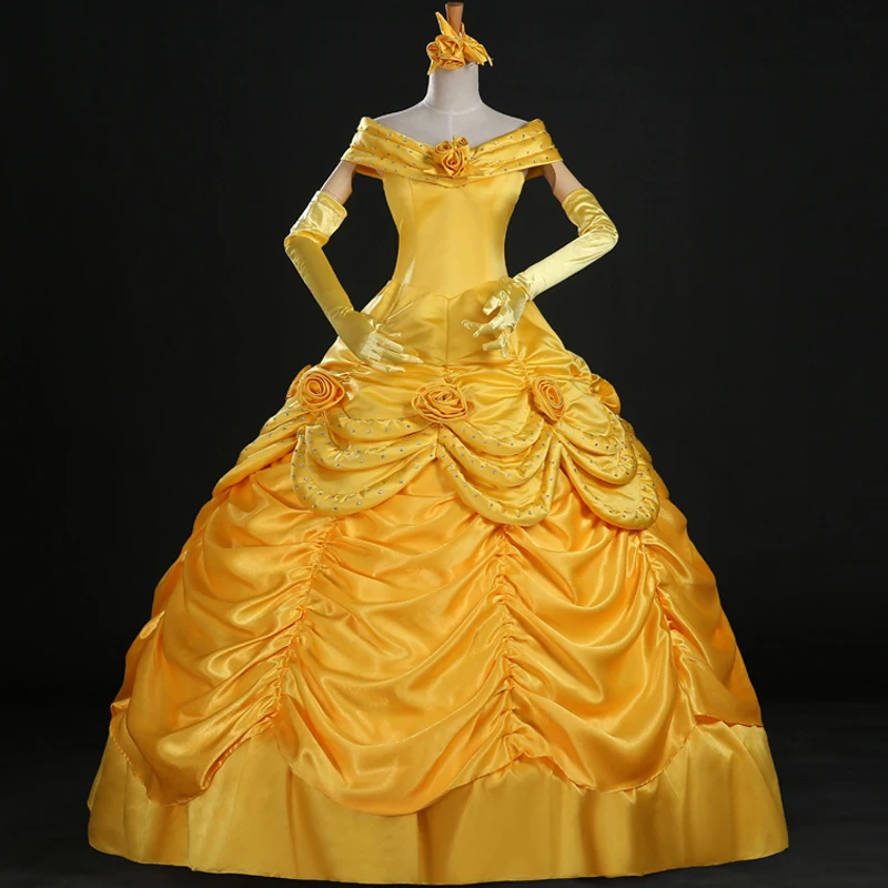 

Girl And Beast Belle Cosplay Costume Adult Women Party Dance Princess Dress Fancy Halloween Yellow Rose Ball Gown