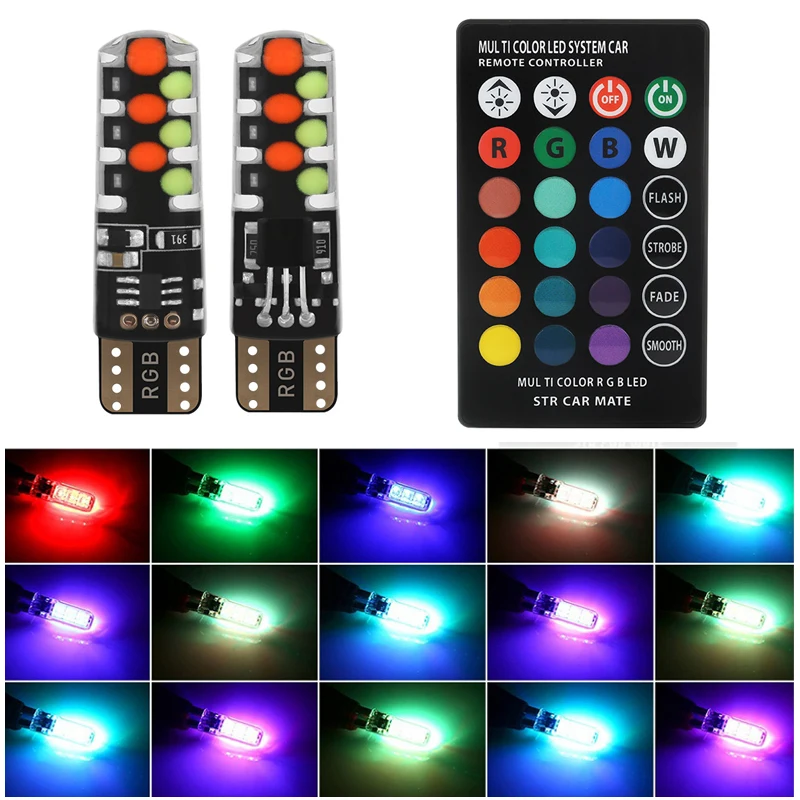 

2pcsT10 w5w RGB LED Bulb 12SMD COB Canbus 194 168 Car With Remote Controller Flash/Strobe Reading Wedge Light Clearance lights