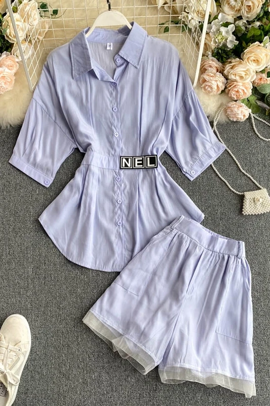 

2 Piece Set Women Fashion Letter Blouse Shirts + Solid Sling Wide Leg Shorts Office Lady Two Piece Set