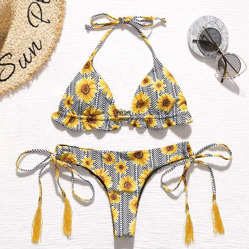 

Mossha Sexy print bathing suit Halter swimwear women bikini thong 2020 swimsuit Brazilian female Push up Summer bathers biquini
