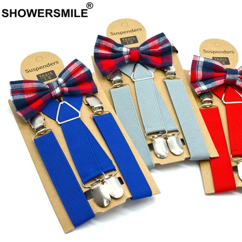 SHOWERSMILE/синие детские подтяжки с галстуком бабочкой Кожаные в британском стиле