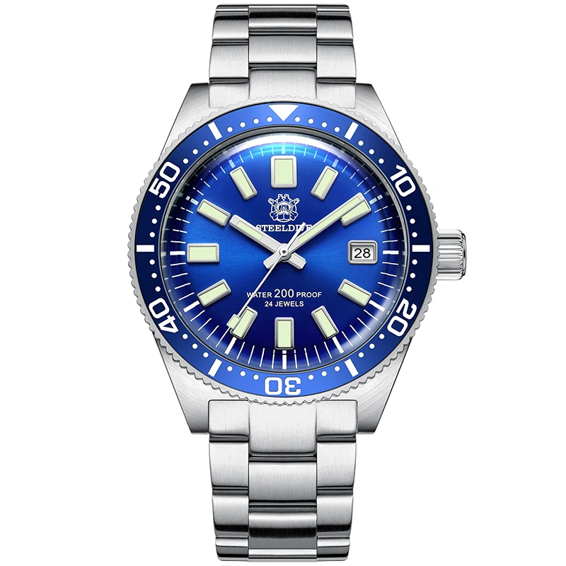 

Steeldive Watch 62mas 42mm Diver Men's Watch NH35 Automatic Mechanical Baracelet Sunary Blue Dial Date Sapphire C3 Luminous
