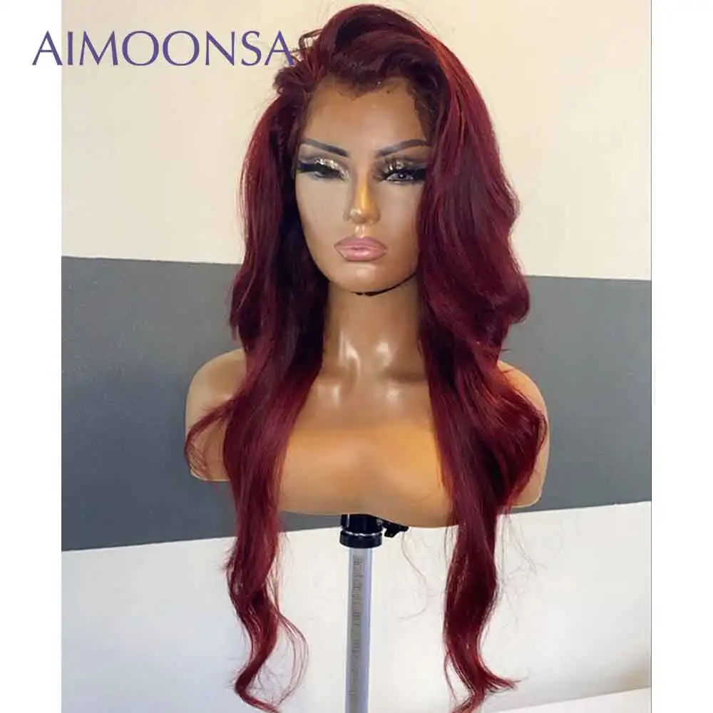 Красный парик волнистые человеческие волосы 13x4 на сетке спереди бордовый