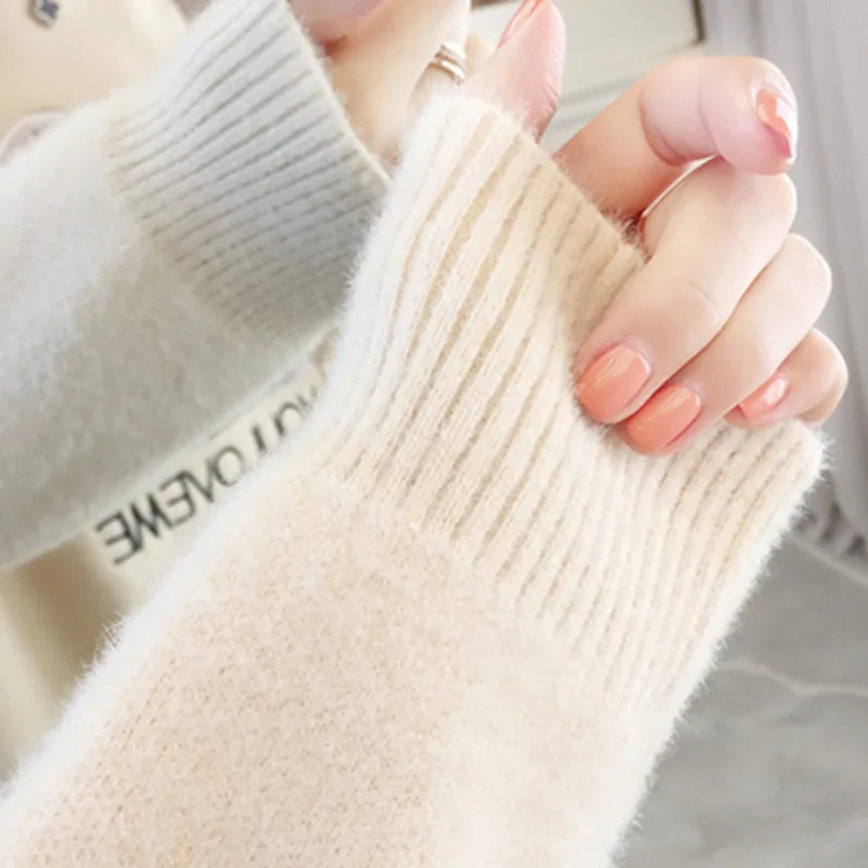 

Mink Fleece Sweater Pullover Korean Fashion Letter Thicken Warm Ladies Casual Jumper Loose Half High Collar Tops Sueter 2021 New