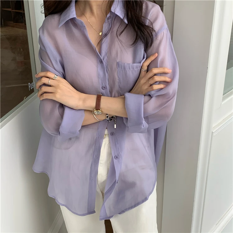 

Perspective Chiffon Blouse Women Clothing Spring Summer New Fashion Turn-down Collar Casual Loose Long Sleeve Shirts Hipster Top