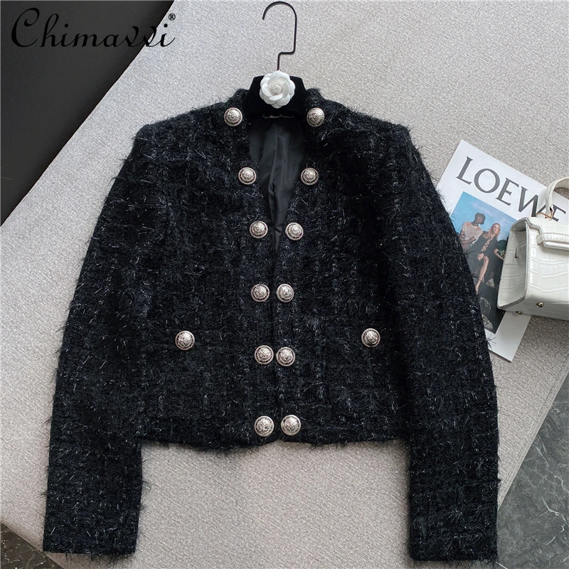 

2021 Fall Women's Clothing Fashion Furry Tassel Double Row Silver Buckle Silver Silk Woolen Coat Loose Elegant Jacket All-match