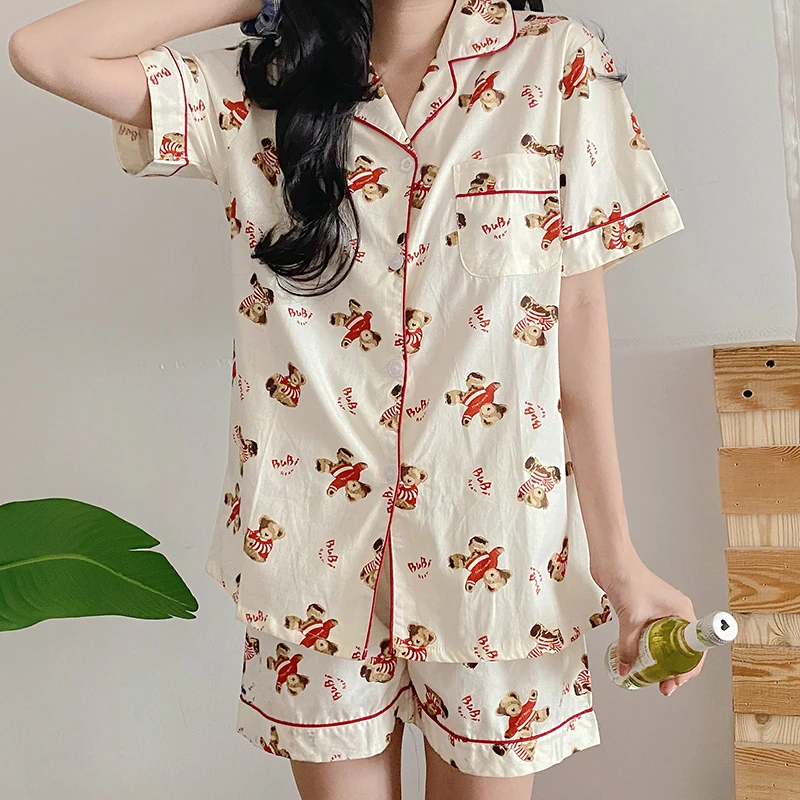 CAIYIER New Women Summer Pajamas Cute Girls Cartoon Bear Print Cotton Nightgown Suit South Korean Sweet Broken Flowers Sleepwear