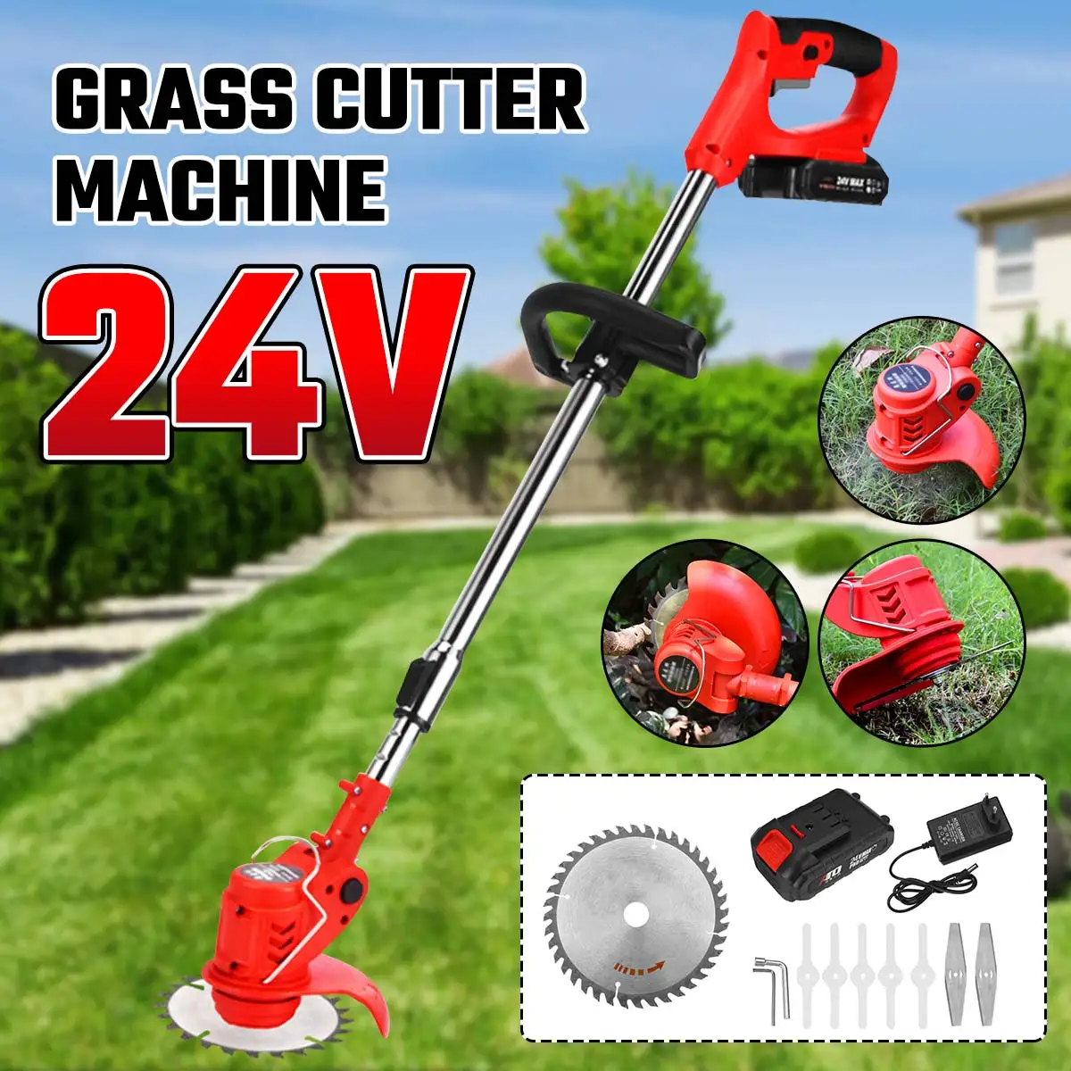 Cordless Grass Hedge Trimmer 800W 24V Electric Lawn Mower Handheld Adjustable Mowing Machine with Battery Garden Tool