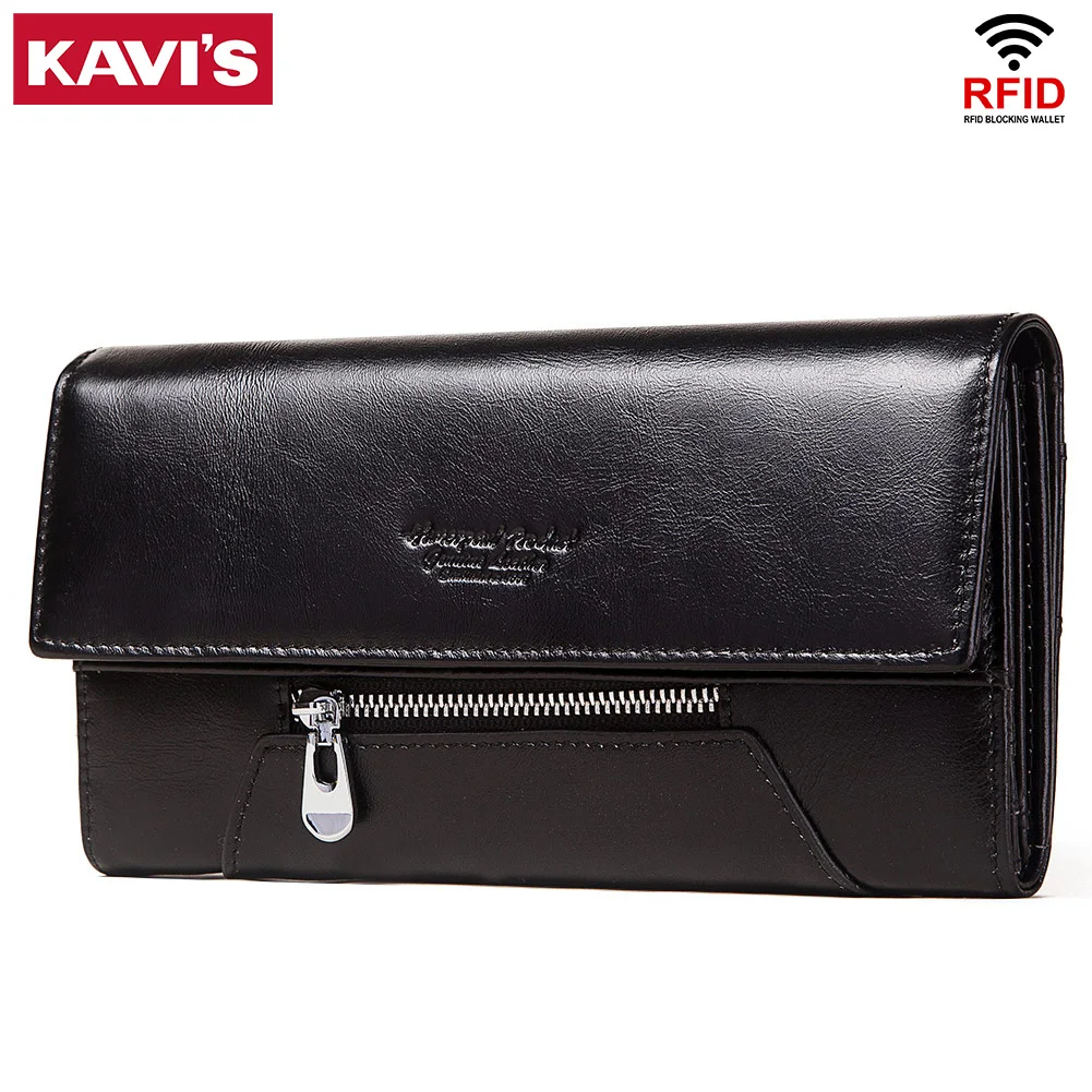 Удлиненный женский кошелек KAVIS Дамский клатч из натуральной кожи с Rfid кредитница