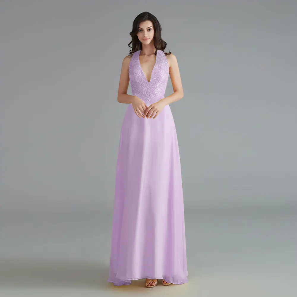 Женское шифоновое платье для подружки невесты Beauty Emily кружевное с V-образным