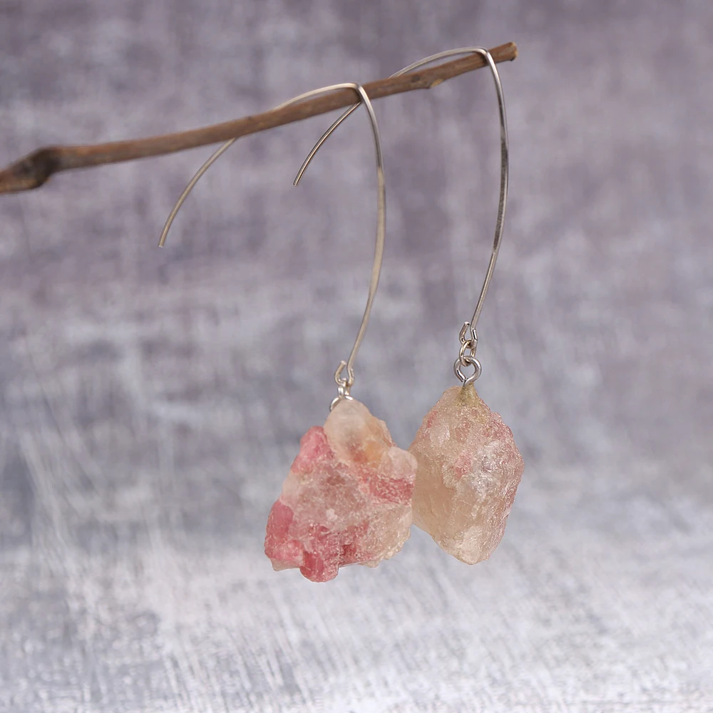 

Bohemia Ethnic Original Irregular Tourmaline Pendant Drop Dangle Earrings For Women Hyperbole Big Pink Natural Stone Earring