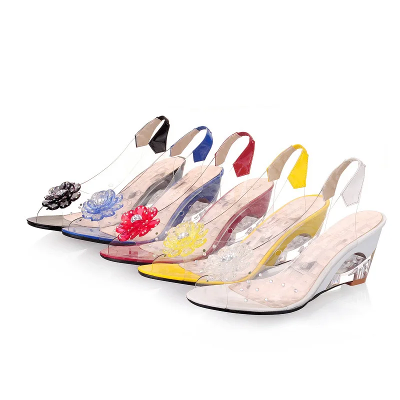 

new crystal slope heel sandals Korean fashion crystal flower diamond high heel fish mouth women's shoes