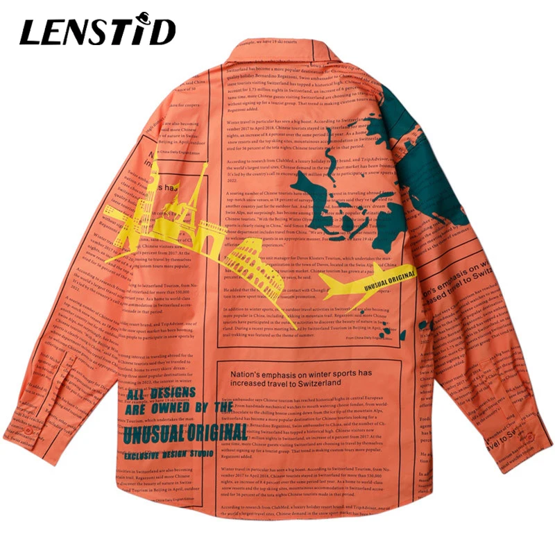 LENSTID 2019 осенние мужские рубашки в стиле хип хоп с графической картой газетный