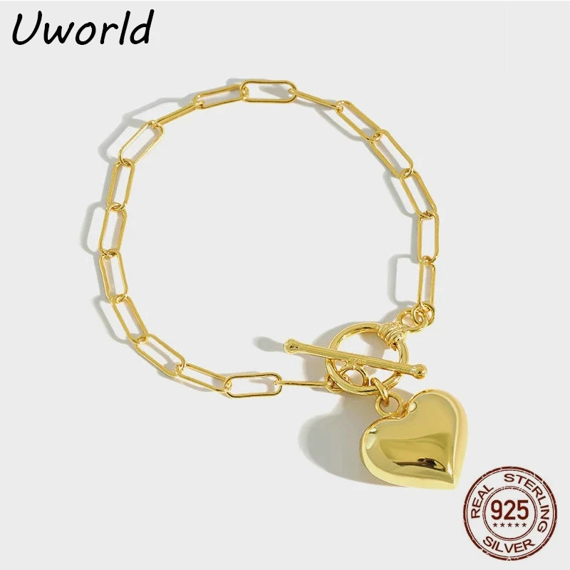 

S925 Sterling Silver Link Chain Bracelets Smooth 18K Gold Filled Heart Charm Bracelets For Women Gift Fine Jewelry