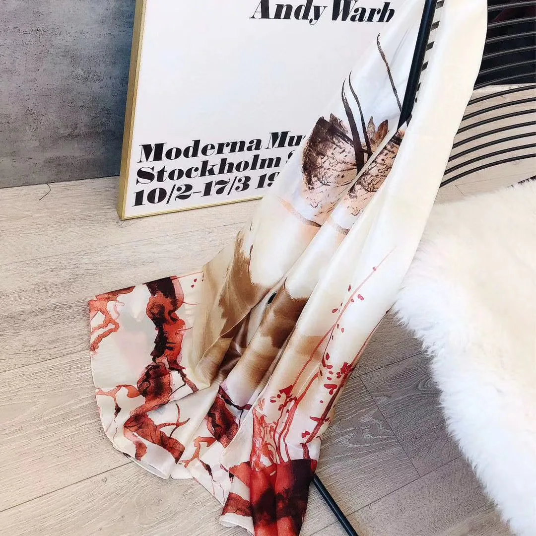 

Spring summer 2020 new print silk satin sun protection imitation silk women's large silk scarf,long scarf beach towel ink flower