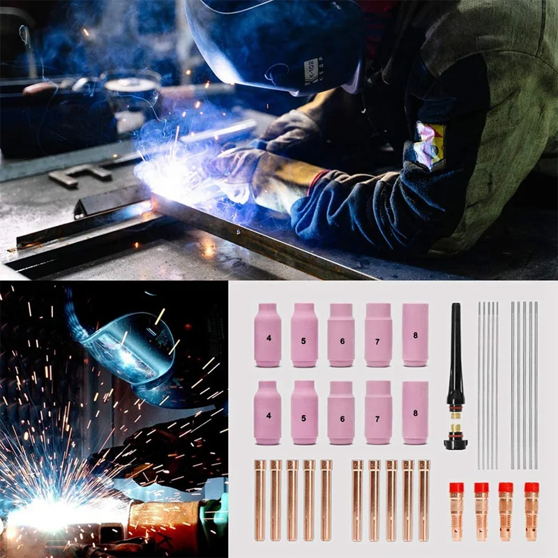 

TIG Welding Accessories Set, Adapter Sleeves+ Housing+ Ceramic Nozzles+ Tungsten Electrodes for WP-26 TIG Welding Torch