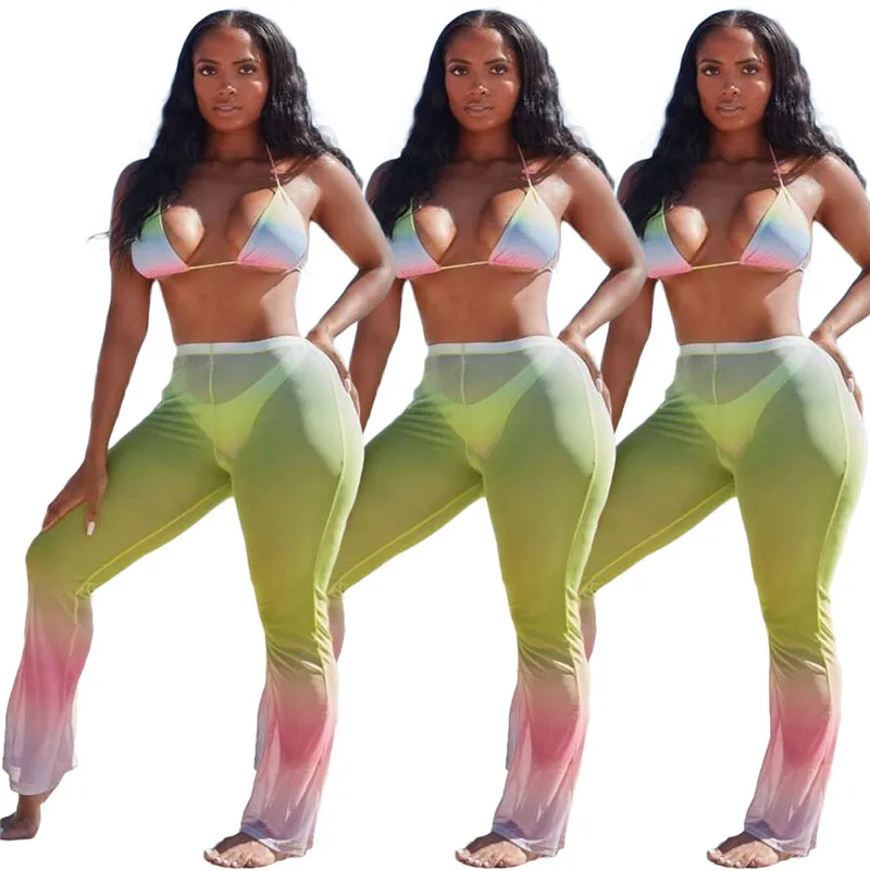 

KEXU Swimsuits Two Pieces Print Gradient Sexy Off Shoulder Lace Up Halter Bra and Skinny Long Pants Casual Beach Holiday Outfits