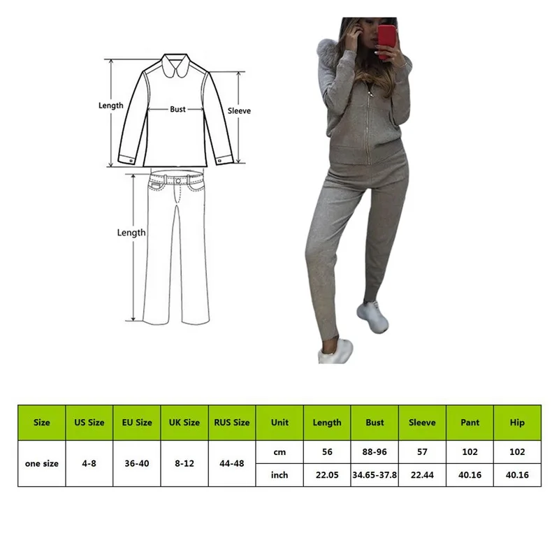 

2020 Women Fur Hood Knitted Sweatshirt Set Autumn Winter Ladies Hooded Coat and Sweatpants Knitting Sets Warm Tracksuit Sets
